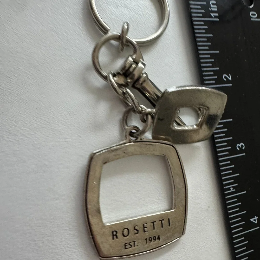 Rosetti Keychain Silver Tone Logo Square Black Enamel Modern‎ Key Ring